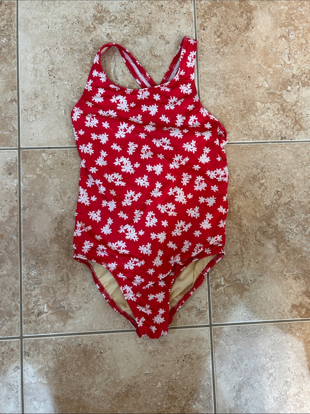 Lands' End Red Floral Cross-Back One-Piece Swimsuit